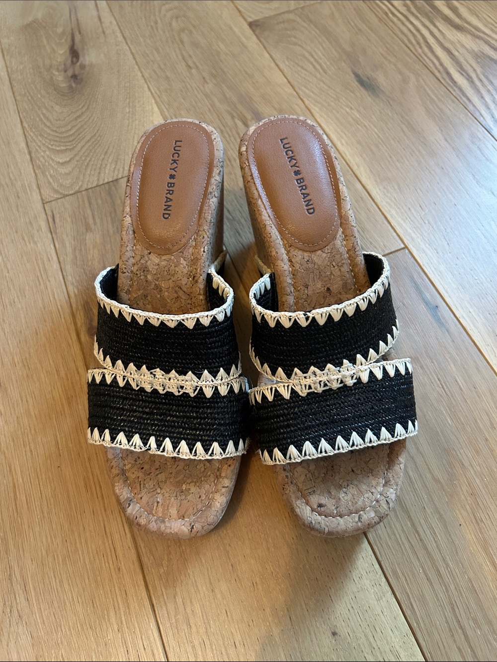 Lucky Brand Black and Cream Double-Band Slide Mules